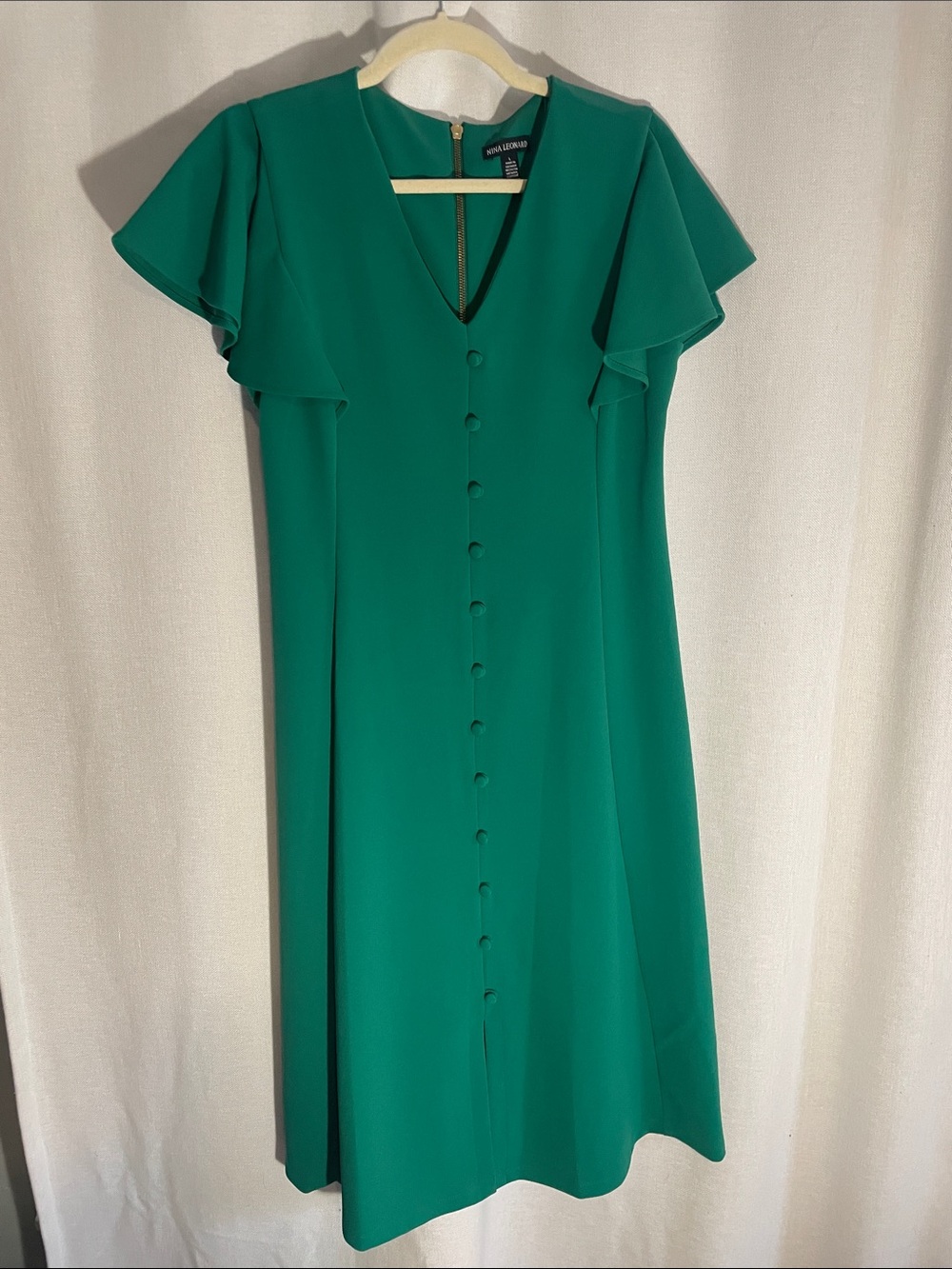 Nina Leonard Emerald Green Button-Front Midi Dress